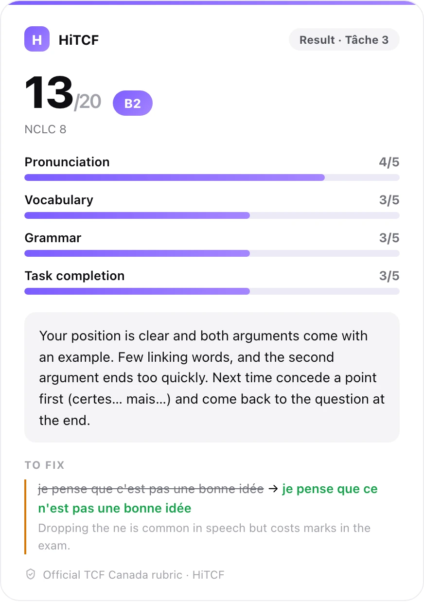 The HiTCF score card in ChatGPT: score out of 20, level, four criteria and a sentence-level correction
