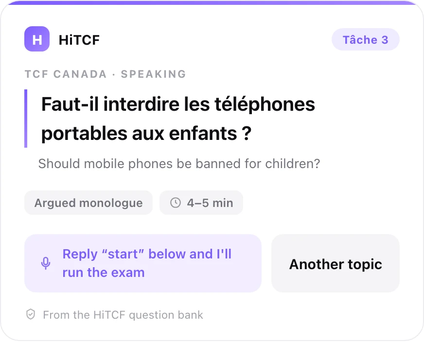 The HiTCF topic card in ChatGPT: a Tâche 3 subject with its translation